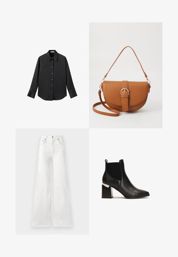 Črna majica z dolgimi rokavi iz gladkega materiala, z klasičnim ovratnikom, sprednjim zapiranjem na gumbe z zlatimi gumbi in širokimi manšetami.; Bela visoka široka hlače iz denima, s gumbom za zapiranje in tradicionalnimi žepe na sprednji in zadnji strani.; Črne usnjene gležnjarje z rebrasto elastiko, koničastim prstom in blokastim peto, okrašeno z metallicnim detajlom. Gladka tekstura.; Rjava usnjena torbica prek telesa s ukrivljeno obliko, zlate opreme in sponko. Ima odstranljiv naramni trak.