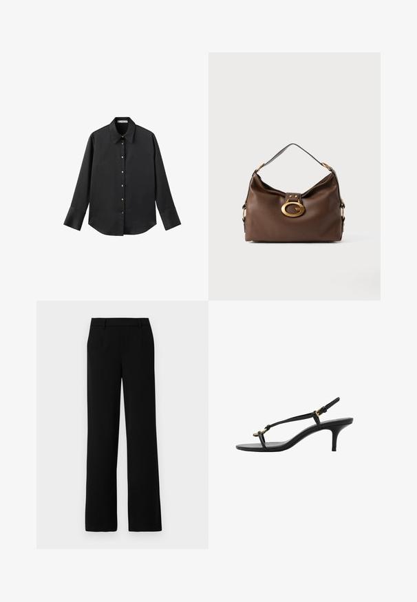 Schwarz langärmliges Hemd aus glattem Stoff, mit klassischem Kragen, frontaler Knopfleiste mit goldfarbenen Knöpfen und breiten Manschetten.; Schwarze weit geschnittene Hose aus glattem Stoff, mit flacher Vorderseite, zwei seitlichen Taschen und einem taillierten Bund für einen eleganten Look.; Schwarze Leder-Kitten-Heel-Sandale mit dünnen Riemen, goldener Schnalle und minimalistischer Zehen-Schlaufe vor einem weißen Hintergrund.; Braune Handtasche aus Leder mit strukturiertem Finish, ausgestattet mit einem goldfarbigen Verschluss und einem einzigen, geschwungenen Schulterriemen.
