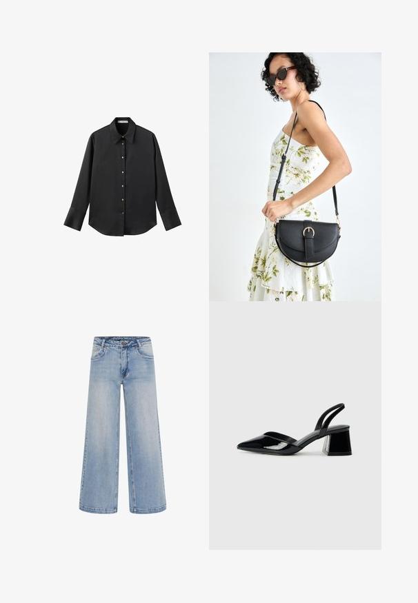 Cămașă neagră cu mâneci lungi dintr-un material neted, având un guler clasic, închidere frontală cu butoane aurii și manșete late.; Jeanși largi de culoare albastru deschis, cu talie înaltă, cinci buzunare și cusături în contrast. Fabricate din denim cu o textură netedă.; Pantofi cu toc slingback din piele lacuită neagră, cu vârf ascuțit și toc geometric. Prezintă un design elegant, minimalist și o textură netedă.; Geantă din piele neagră, cu o formă curbată, curea detașabilă și accesorii aurii. Geanta are un capac cu un detaliu tip cataramă.