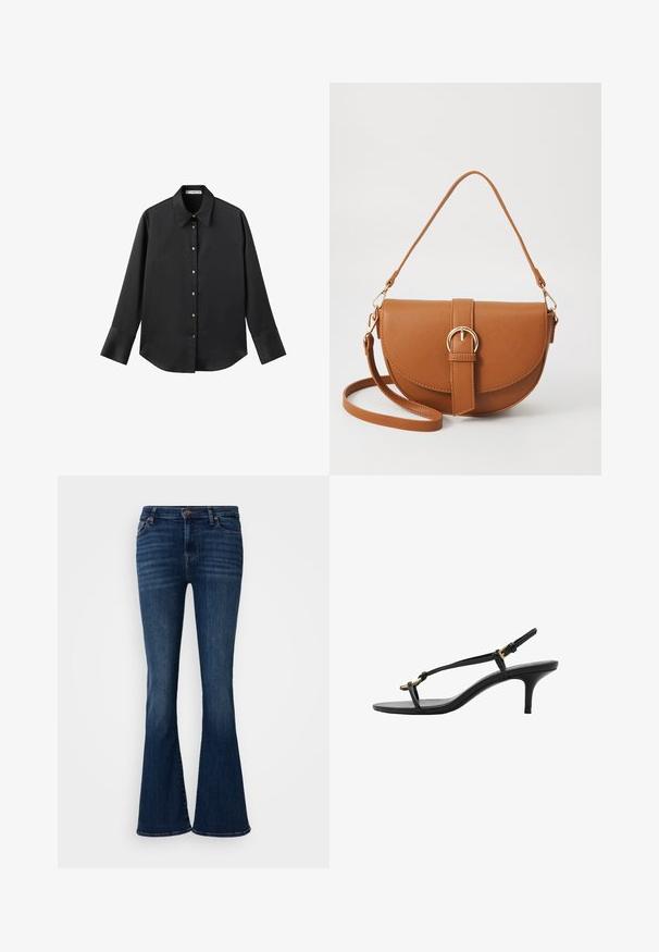 Črna majica z dolgimi rokavi iz gladkega materiala, z klasičnim ovratnikom, sprednjim zapiranjem na gumbe z zlatimi gumbi in širokimi manšetami.; Temno modri flare jeans iz denima, z klasičnim petimi žepi in sprednjim gumbom. Gladka tekstura in prilagojen kroj.; Črne usnjene sandale s kitten peto, tankimi trakovi, zlate zaponke in minimalistično zanko za prste na beli podlagi.; Rjava usnjena torbica prek telesa s ukrivljeno obliko, zlate opreme in sponko. Ima odstranljiv naramni trak.