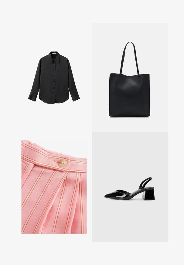 Maglietta nera a maniche lunghe in tessuto morbido, con colletto classico, chiusura frontale con bottoni dorati e polsini ampi.; Tessuto rosa chiaro con strisce rosse verticali, pieghe rilassate e una chiusura a bottone arrotondato in vita. Texture liscia.; Décolleté in vernice nera con punta affusolata e tacco in geometria cubica. Presentano un design elegante e minimalista, con una texture liscia.; Borsa tote in pelle nera con texture liscia, forma rettangolare e due manici lunghi. Nessun hardware o decorazione visibile.