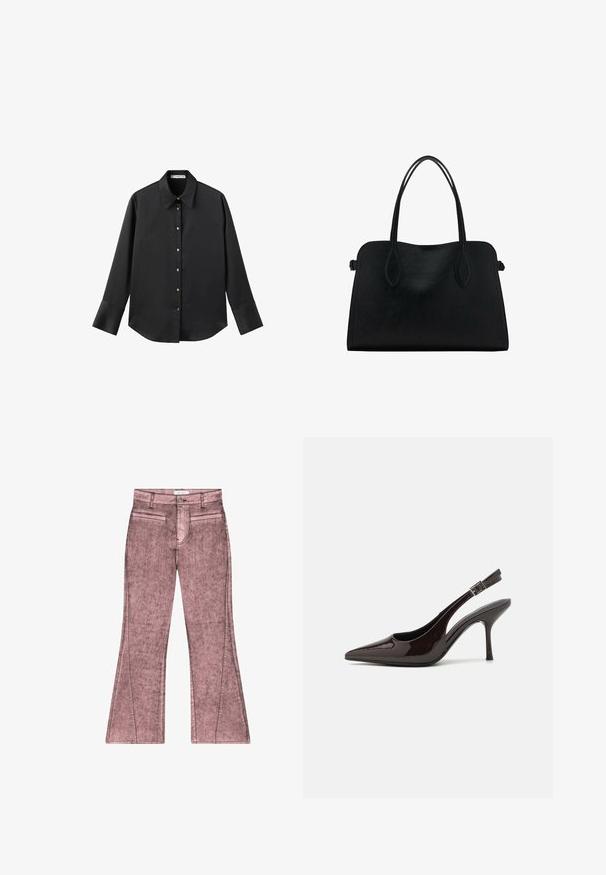 Schwarz langärmliges Hemd aus glattem Stoff, mit klassischem Kragen, frontaler Knopfleiste mit goldfarbenen Knöpfen und breiten Manschetten.; Rosa ausgestellte Jeans mit einem verblichenen Textur, ausgestattet mit zwei Vordertaschen, einem Reißverschluss vorn und Kontrastnähten entlang der Nähte.; Slingback-Pumps aus glänzendem dunklen braunen Lackleder, mit spitzer Zehenpartie, offenen Seiten und verstellbarem Knöchelriemen.; Schwarze Lederhandtasche mit zwei Schulterriemen, rechteckiger Form und minimalistischem Design auf weißem Hintergrund.