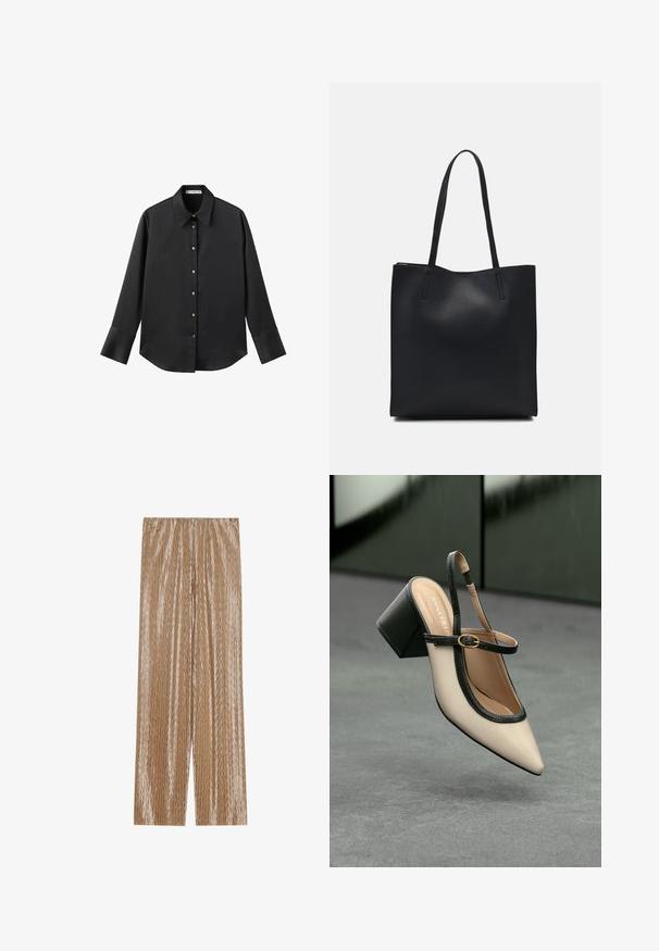 Black long-sleeve shirt in smooth fabric, featuring a classic collar, front button closure with gold-tone buttons, and wide cuffs.; Light brown pleated trousers made of shiny fabric, featuring a textured zigzag pattern and an elastic waistband for comfort.; Beige pointed-toe slingback shoe with black trim, gold buckle, and a chunky block heel on gray floor with dark green background.; Black leather tote bag with smooth texture, rectangular shape, and two long handles. No visible hardware or embellishments.
