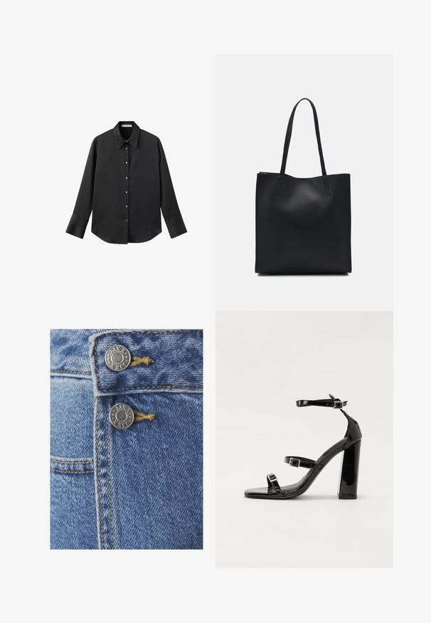 Črna majica z dolgimi rokavi iz gladkega materiala, z klasičnim ovratnikom, sprednjim zapiranjem na gumbe z zlatimi gumbi in širokimi manšetami.; Modri kavbojki z dvema srebrnima gumboma na pasu, rumenim šivom in posnetkom teksturirane tkanine.; Črne lakirane sandale s peto, kvadratnim prstom, trakovi okrog gležnja in srebrnimi zaponkami. Opremljene so s stabilno Debelo peto.; Črna usnjena torba s svilnato teksturo, pravokotne oblike in dvema dolgima ročajema. Brez vidnih metalnih delov ali okrasnih elementov.