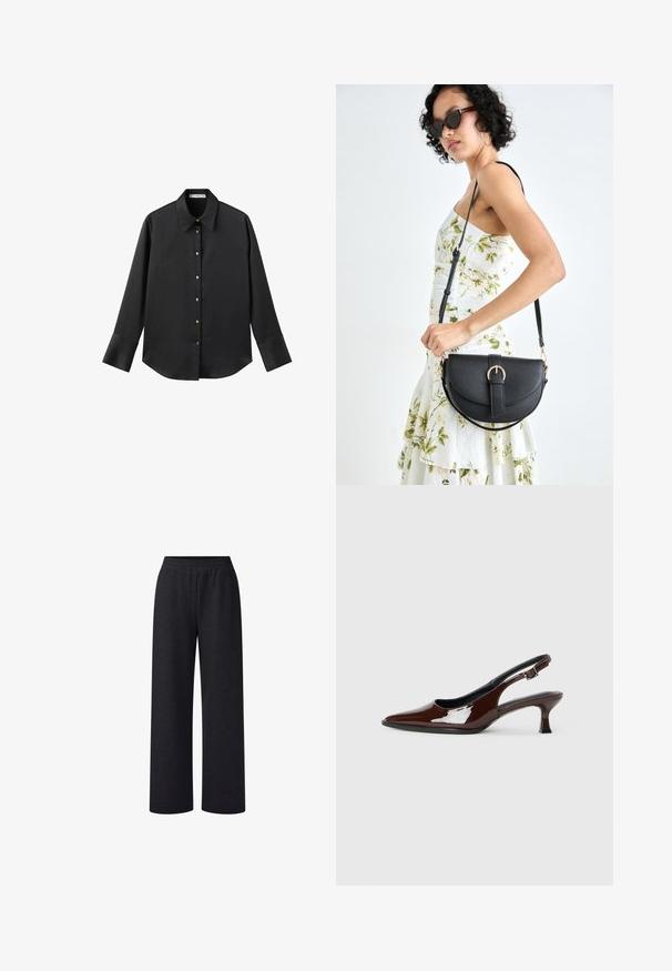 Crna košulja dugih rukava od glatkog materijala, s klasičnim ovratnikom, prednjim kopčanjem na dugmad u boji zlatne i širokim manžetnama.; Crne široke hlače s mekim materijalom i elastičnom trakom oko struka. Tkanina izgleda blago melirano, s opuštenim krojem.; Smeđe patentne kožne cipele s otvorenom petom, špicastim vrhom i umjerenom petom. Imaju remen s kopčom za sigurno pristajanje. Glatka tekstura.; Crna kožna torba s lukovitim oblikom, odvojivim remenom i zlatnim detaljima. Torba ima preklop s kopčom.