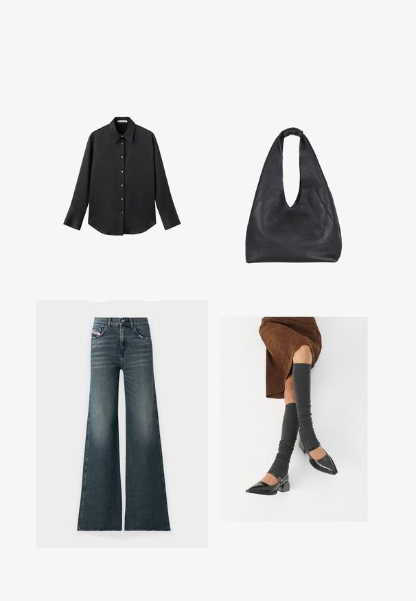 Cămașă neagră cu mâneci lungi dintr-un material neted, având un guler clasic, închidere frontală cu butoane aurii și manșete late.; Jeanși evazați din denim albastru închis, cu o textură ușor decolorată, având buzunare frontale și închidere cu nasture la talie.; Pantofi negri din piele lacuită, cu vârful ascuțit, toc bloc și curea la glezna, asortați cu jambiere gri cu nervuri și o fustă din suede maro.; Geantă hobo din piele neagră cu un design relaxat, având un mâner superiors strâns, detalii pe cusăturile laterale și o finisare texturată netedă.; Inel argintiu cu accente negre și strasuri clare, având o suprafață netedă și texturată, cu elemente de design împletite.