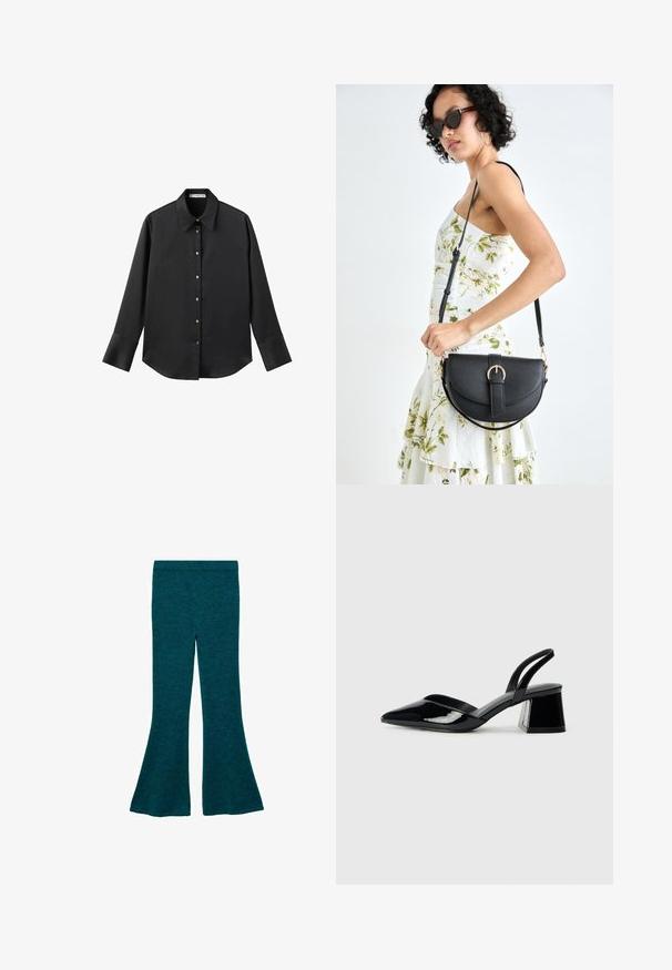Crna košulja dugih rukava od glatkog materijala, s klasičnim ovratnikom, prednjim kopčanjem na dugmad u boji zlatne i širokim manžetnama.; Tirkizne široke hlače izrađene od mekog, teksturiranog materijala, s uskim pojasom i dizajnom sličnim zvonu za opušteni kroj.; Crne lakirane kožne sandale s otvorenom petom i špicastim vrhom, s geometrijskom blok petom. Imaju elegantan, minimalistički dizajn i glatku teksturu.; Crna kožna torba s lukovitim oblikom, odvojivim remenom i zlatnim detaljima. Torba ima preklop s kopčom.