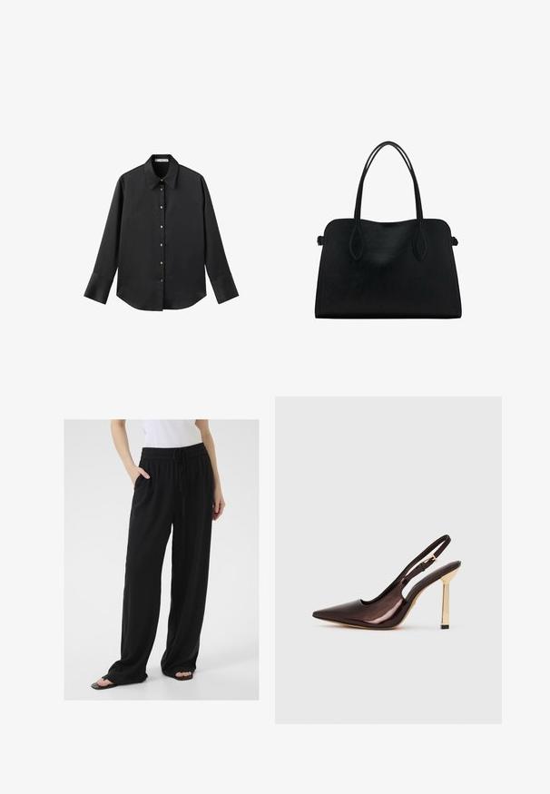 Svart långärmad skjorta i mjukt tyg, med klassisk krage, framknäppning med knappar i guldton och breda manschetter.; Svarta, löst sittande byxor i mjukt material med elastisk midja, justerbar snodd och sidofickor. Utställd bensdesign.; Brun lackläder sandlett med hög klack och spetsig tå samt glänsande metallklack i guld mot vit bakgrund.; Svart läderhandväska med dubbla axelremmar, rektangulär form och minimalistisk design på vit bakgrund.