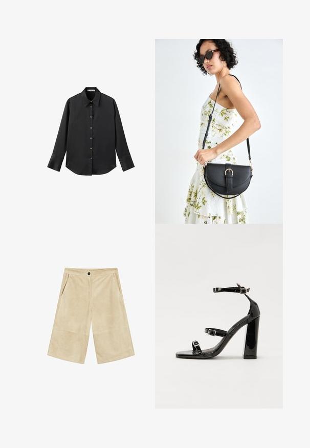 Černá dlouhá rukávová košile z hladkého materiálu, s klasickým límečkem, předním zapínáním na knoflíky ve zlatém tónu a širokými manžetami.; Béžové manšestrové kalhoty s širokými nohavicemi, hladkým povrchem, předními kapsami a knoflíkovým zapínáním v pase.; Černé lakované sandály na podpatku se čtveratou špičkou, lýtkovými pásky a stříbrnými přezkami. Disponují masivním blokovým podpatkem pro stabilitu.; Černá kožená kabelka s křivkovým tvarem, odnímatelným popruhem a zlatými detaily. Kabelka má klopu s přezkou.