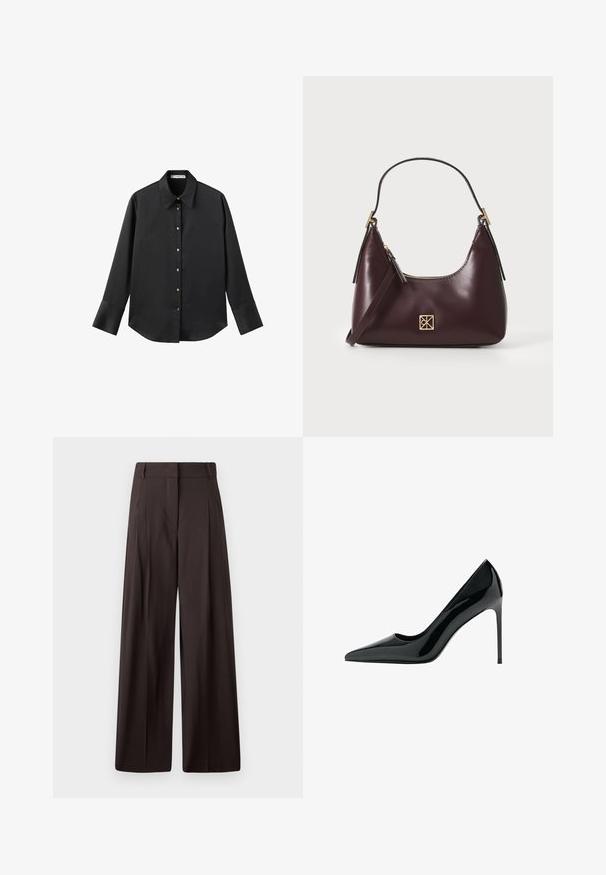 Črna majica z dolgimi rokavi iz gladkega materiala, z klasičnim ovratnikom, sprednjim zapiranjem na gumbe z zlatimi gumbi in širokimi manšetami.; Črne široke hlače z visokim pasom, ki imajo sprednje zareze, gladko teksturo in minimalističen dizajn.; Črne lakirane stiletto čevlje s koničastim prstom in gladko, sijočo teksturo; visok, ozek petec; minimalističen dizajn.; Burgundska kožna torbica s zakrivljenim oblikom, zlatnimi detajli na opremi in zadrgo. Ima odstranljiv naramni trak.