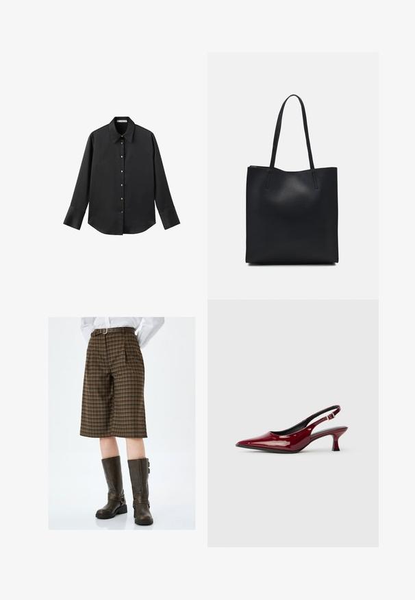 Czarna koszula z długim rękawem z gładkiego materiału, z klasycznym kołnierzykiem, zapięciem na guziki z przodu w złotym odcieniu oraz szerokimi mankietami.; Brązowe i beżowe szorty w kratę z wysokim stanem, plisami i brązowym paskiem. Doskonałe do ciemnobrązowych skórzanych wysokich butów za kolano.; Bordo lakierowane sandały na szpilce z lekko spiczastym noskiem i smukłym obcasem. Otwarta tylna część z regulowanym paskiem na kostkę.; Czarna skórzana torba tote o gładkiej fakturze, prostokątnym kształcie i dwóch długich uchwytach. Brak widocznych elementów metalowych i ozdób.
