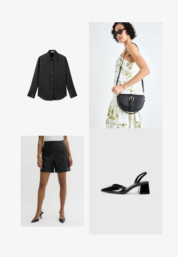 Black long-sleeve shirt in smooth fabric, featuring a classic collar, front button closure with gold-tone buttons, and wide cuffs.; Black leather shorts with a high waist design, featuring a smooth texture, two front pockets, and clean, tailored lines.; Black patent leather slingback heels with a pointed toe and a geometric block heel. Features a sleek, minimal design and smooth texture.; Black leather handbag with a curved shape, detachable strap, and gold hardware. The bag features a flap with a buckle detail.