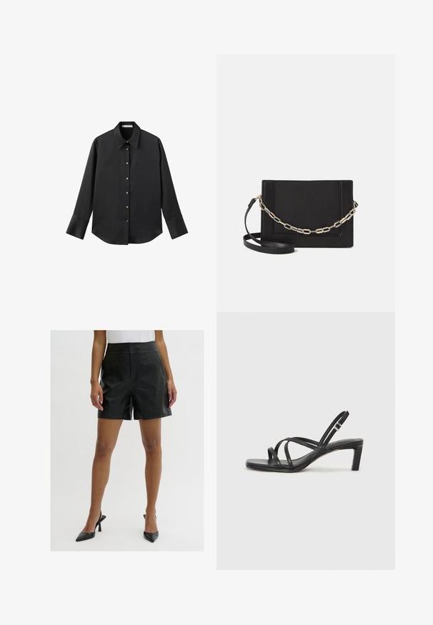 Črna majica z dolgimi rokavi iz gladkega materiala, z klasičnim ovratnikom, sprednjim zapiranjem na gumbe z zlatimi gumbi in širokimi manšetami.; Črne usnjene kratke hlače z visokim pasom, ki se ponašajo z gladko teksturo, dvema sprednjima žepoma in čistimi, prilagojenimi linijami.; Črne natikače s trakovi in kvadratnim prstom ter nizkim blokastim peto. Imajo več tankih trakov in nastavljiv trak okoli gležnja. Narejene so iz gladkega usnja.; Črna usnjena torba čez ramo z gladko teksturo, pravokotno obliko in kovinskim verižnim detajlom spredaj. Vključena je nastavljiva naramnica.