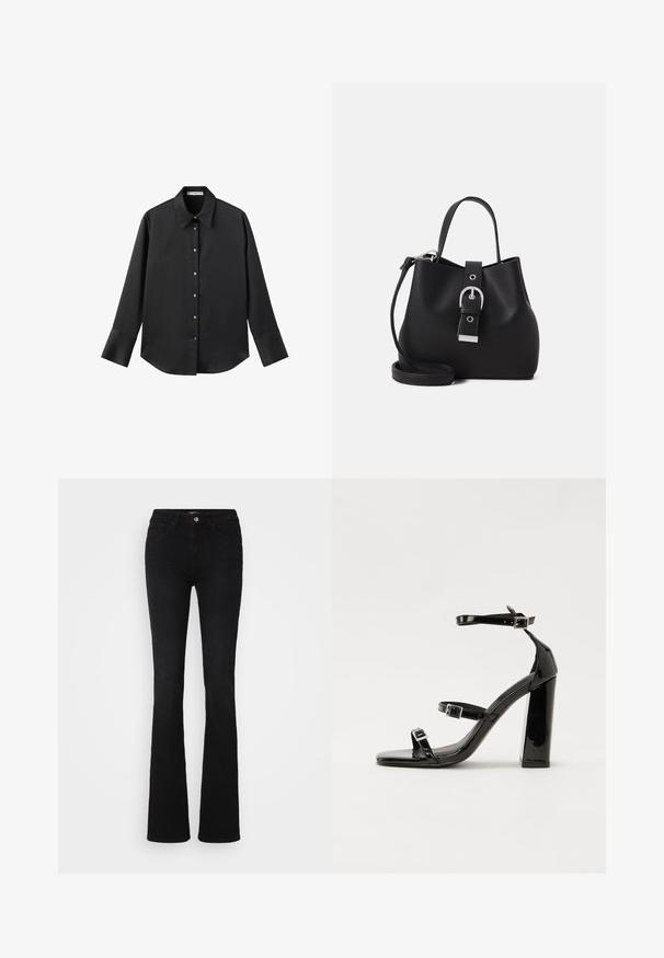Cămașă neagră cu mâneci lungi dintr-un material neted, având un guler clasic, închidere frontală cu butoane aurii și manșete late.; Jeans negri evazați din denim, având un design clasic cu cinci buzunare, cusături subtile și închidere cu un buton în față.; Sandale cu toc din patent negru, cu vârf pătrat, curele la gleznă și catarame din argint. Dispune de un toc gros pentru stabilitate.; Geantă de tip bucket neagră, realizată din piele netedă, cu o formă structurată, maner scurt și bretele de umăr detașabilă. Detaliu cu cataramă argintie.