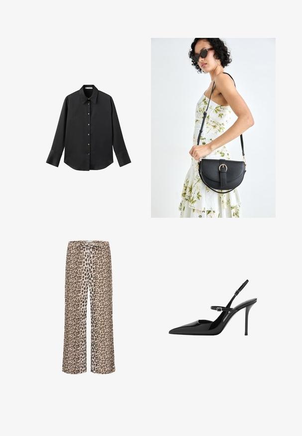 Maglietta nera a maniche lunghe in tessuto morbido, con colletto classico, chiusura frontale con bottoni dorati e polsini ampi.; Pantaloni in stampa leopardata realizzati in un tessuto leggero, con design a gamba larga e cintura con cordino. I colori predominanti sono beige, marrone e nero.; Slingback in vernice nera con tacco a stiletto, punta affusolata e cinturino regolabile. Superficie liscia con finitura lucida.; Borsa a tracolla nera in pelle con una forma curva, manico rimovibile e accessori dorati. La borsa presenta una patta con un dettaglio a fibbia.