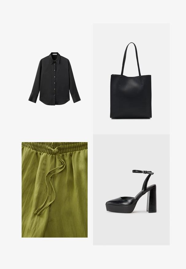 Czarna koszula z długim rękawem z gładkiego materiału, z klasycznym kołnierzykiem, zapięciem na guziki z przodu w złotym odcieniu oraz szerokimi mankietami.; Oliwkowe spodnie z lekkiego materiału. Posiadają elastyczny pas oraz sznurek. Gładka tekstura z miękkim układem.; Czarne platformy na wysokim obcasie z szpiczastym noskiem i regulowanym paskiem na kostkę. Wykonane z gładkiej skóry, z grubym słupkowym obcasem.; Czarna skórzana torba tote o gładkiej fakturze, prostokątnym kształcie i dwóch długich uchwytach. Brak widocznych elementów metalowych i ozdób.