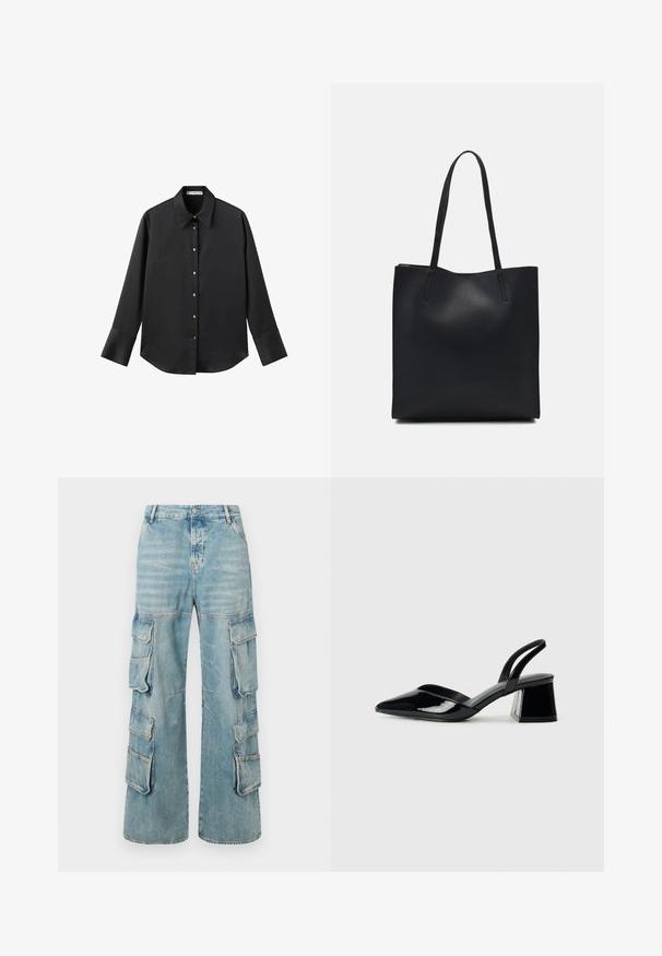 Crna košulja dugih rukava od glatkog materijala, s klasičnim ovratnikom, prednjim kopčanjem na dugmad u boji zlatne i širokim manžetnama.; Svijetlos plave traper cargo hlače sa širokim nogavicama, koje imaju šest zakrpanih džepova i vidljivo šivanje. Osjetni detalji širom hlača.; Crne lakirane kožne sandale s otvorenom petom i špicastim vrhom, s geometrijskom blok petom. Imaju elegantan, minimalistički dizajn i glatku teksturu.; Crna kožna torba za nošenje s glatkom teksturom, pravokutnim oblikom i dvije duge ručke. Nema vidljivih metalnih dijelova ili ukrasa.