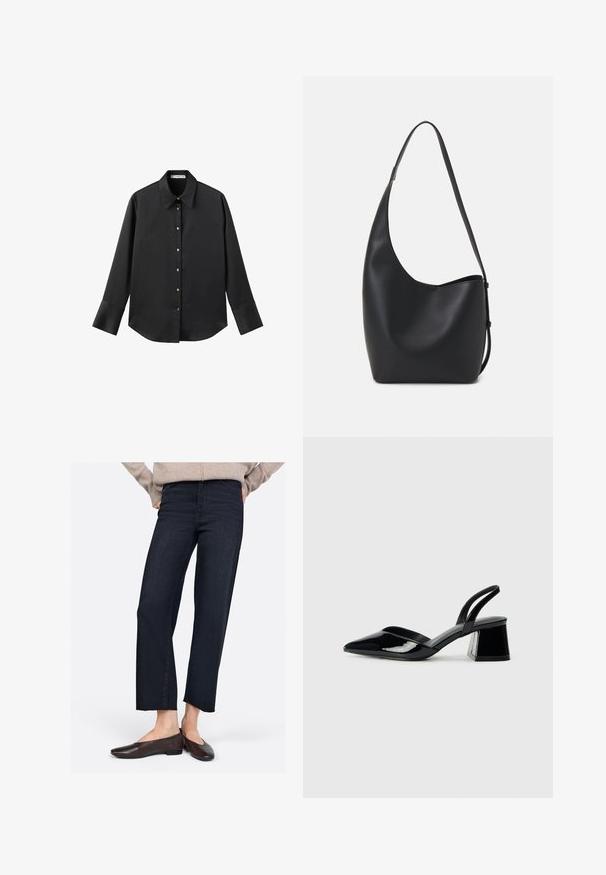 Crna košulja dugih rukava od glatkog materijala, s klasičnim ovratnikom, prednjim kopčanjem na dugmad u boji zlatne i širokim manžetnama.; Tamno plavi skraćeni traperice ravnog kroja s izgužvanim rubom, kombinirane s smešnim ravnim cipelama. Napravljene od traper tkanine, glatke teksture.; Crne lakirane kožne sandale s otvorenom petom i špicastim vrhom, s geometrijskom blok petom. Imaju elegantan, minimalistički dizajn i glatku teksturu.; Crna kožna hobo torba s glatkom teksturom, zakrivljenim oblikom i jednom podesivom trakicom; ima širok otvor na vrhu.