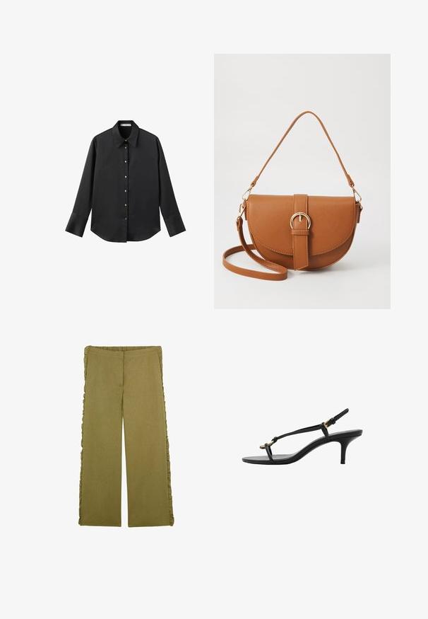 Black long-sleeve shirt in smooth fabric, featuring a classic collar, front button closure with gold-tone buttons, and wide cuffs.; Olive green wide-leg pants made of a textured fabric, featuring ruffled side accents and an elastic waistband for comfort.; Black leather kitten heel sandal with thin straps, gold buckle, and minimalist toe loop on a white background.; Brown leather crossbody bag with a curved shape, gold hardware, and a buckle accent. Features a detachable shoulder strap.