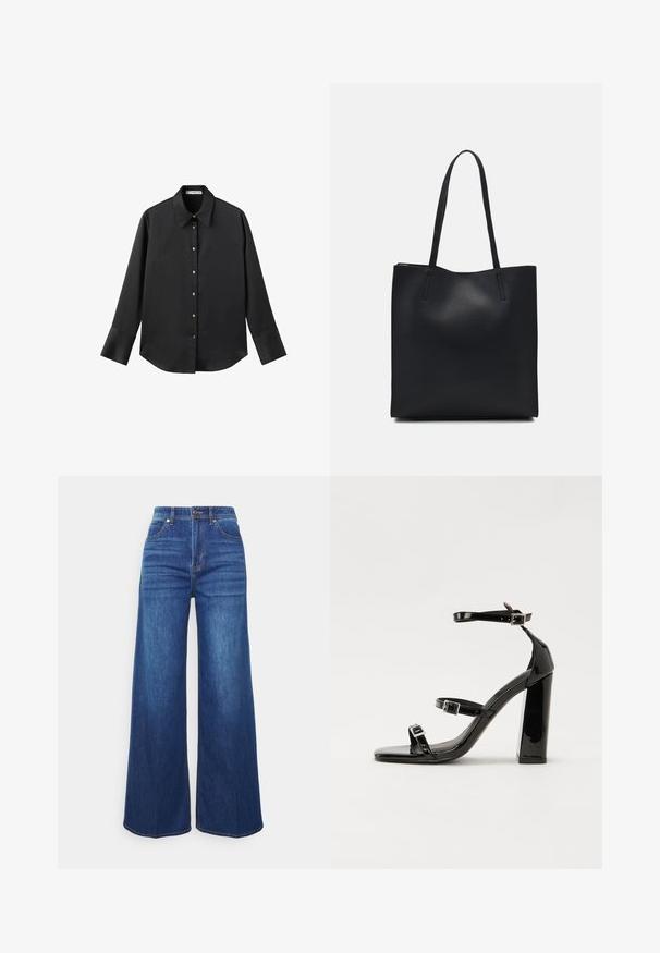 Czarna koszula z długim rękawem z gładkiego materiału, z klasycznym kołnierzykiem, zapięciem na guziki z przodu w złotym odcieniu oraz szerokimi mankietami.; Jeansy z szerokimi nogawkami w średnim odcieniu indygo, z wysokim stanem, kieszeniami z przodu i delikatnym wyblaknięciem. Klasyczny pięciokieszeniowy krój z detalami w szwach.; Czarne lakierowane sandały na obcasie z kwadratowym noskiem, z paskami wokół kostki i srebrnymi klamrami. Posiadają masywny słupek dla stabilności.; Czarna skórzana torba tote o gładkiej fakturze, prostokątnym kształcie i dwóch długich uchwytach. Brak widocznych elementów metalowych i ozdób.