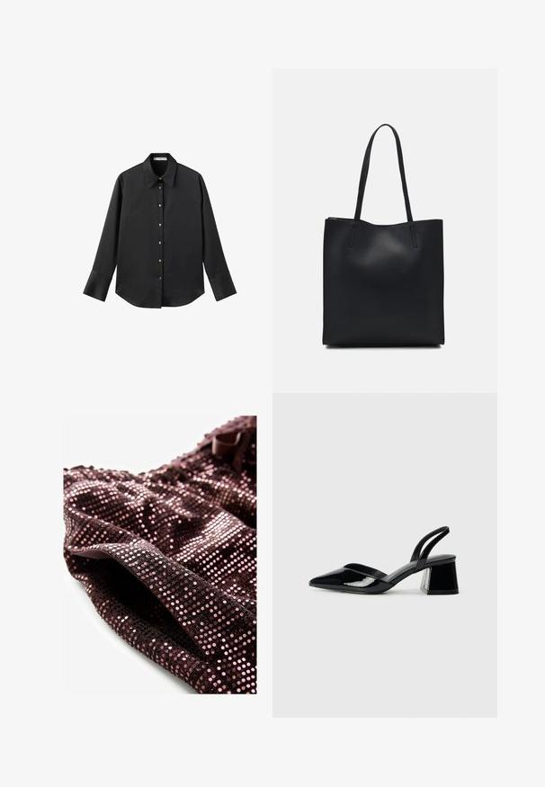 Zwarte lange mouwen shirt van gladde stof, met een klassieke kraag, een sluiting met knopen aan de voorkant met gouden knopen en brede manchetten.; Pailletten top met een textuur oppervlak, gekenmerkt door een donkerpaars weefsel versierd met roze pailletten, en een lintdetail bij de halslijn.; Zwarte gepatineerde leren slingback hakken met een spitse neus en een geometrische blokhak. Kenmerkt zich door een slank, minimalistisch ontwerp en een gladde textuur.; Zwarte leren handtas met een gladde textuur, rechthoekige vorm en twee lange handvaten. Geen zichtbare hardware of versieringen.