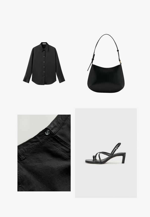 Maglietta nera a maniche lunghe in tessuto morbido, con colletto classico, chiusura frontale con bottoni dorati e polsini ampi.; Pantaloni in lino neri con una texture liscia, dotati di un bottone circolare e dettagli cuciti nella cintura e nelle tasche.; Sandalo nero con cinturini, dalla punta squadrata e tacco basso a blocco. Presenta diversi cinturini sottili e una cinturini regolabile alla caviglia. Realizzato in pelle liscia.; Borsa a spalla in pelle nera con una texture liscia, forma curva e manico regolabile. Presenta una cucitura minimale e un design semplice.