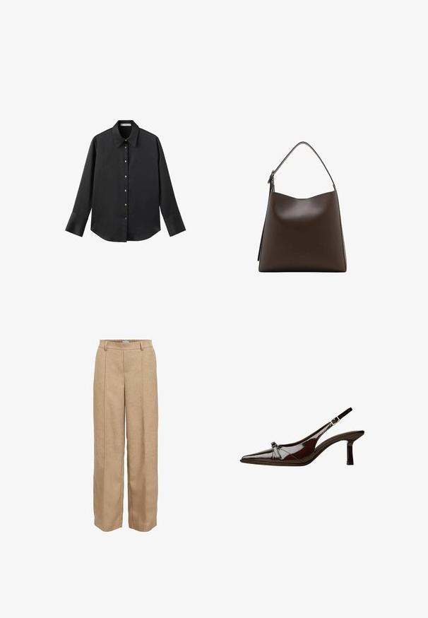 Schwarz langärmliges Hemd aus glattem Stoff, mit klassischem Kragen, frontaler Knopfleiste mit goldfarbenen Knöpfen und breiten Manschetten.; Beige weite Beinkleider aus strukturierter Stoff. Verfügt über einen elastischen Bund und zwei frontale Falten für zusätzlichen Stil.; Braune Lackleder-Slingback-Schuhe mit spitzem Zehenbereich, niedrigem Absatz und einer dekorativen Schleifenakzent an der Vorderseite. Glatte, glänzende Textur.; Braune Ledertasche mit einem gewölbten oberen Teil, einem einzelnen Schulterriemen und einer glatten Textur. Verfügt über ein minimalistisches Design und einen offenen Verschluss.
