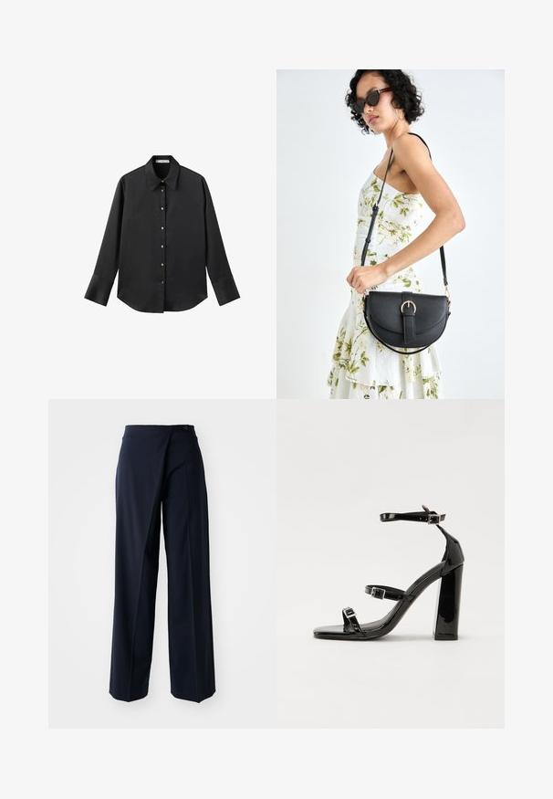 Zwarte lange mouwen shirt van gladde stof, met een klassieke kraag, een sluiting met knopen aan de voorkant met gouden knopen en brede manchetten.; Navy wijde pantalon met een wikkelontwerp, een gladde stof, hoge taille en een enkele knoopsluiting aan de voorkant.; Zwarte gepatenteerde sandalen met hak en een vierkante neus, enkelbandjes en zilveren gespen. Heeft een stevige blokhak voor stabiliteit.; Zwarte leren handtas met een gebogen vorm, afneembare schouderband en gouden hardware. De tas heeft een klep met een gespsluiting.