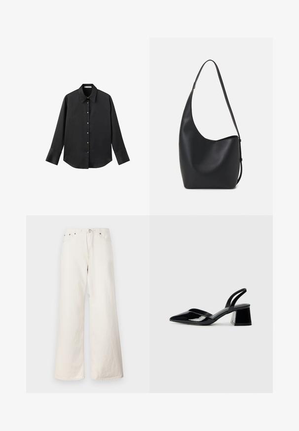 Black long-sleeve shirt in smooth fabric, featuring a classic collar, front button closure with gold-tone buttons, and wide cuffs.; White wide-leg denim pants featuring a drawstring waist, front pockets, and subtle stitching details. Made from sturdy cotton material.; Black patent leather slingback heels with a pointed toe and a geometric block heel. Features a sleek, minimal design and smooth texture.; Black leather hobo bag with a smooth texture, curved shape, and single adjustable strap; features a wide opening at the top.