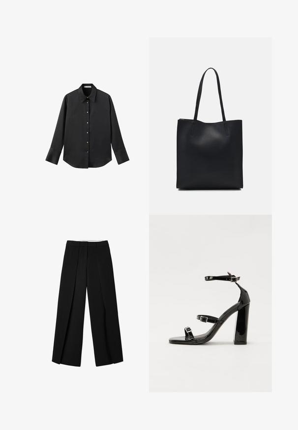 Black long-sleeve shirt in smooth fabric, featuring a classic collar, front button closure with gold-tone buttons, and wide cuffs.; Black wide-leg trousers with a pleated design, made from smooth fabric. Features a structured waistband and clean, tailored lines.; Black patent high-heeled sandals with two buckle straps, square toe, and a chunky block heel, featuring a smooth, glossy texture.; Black leather tote bag with smooth texture, rectangular shape, and two long handles. No visible hardware or embellishments.
