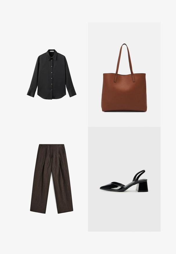 Svart långärmad skjorta i mjukt tyg, med klassisk krage, framknäppning med knappar i guldton och breda manschetter.; Mörkbruna byxor i ett texturerat tyg, med vida ben, veckad framsida och sidofickor för en strukturerad silhuett.; Svarta lackläder slingback klackar med spetsig tå och geometrisk klack. Har en elegant, minimalistisk design och slät yta.; Brun läder tote-väska med en slät textur, öppen toppdesign och två axelremmar. Har minimal söm och ingen synlig metalldetalj.