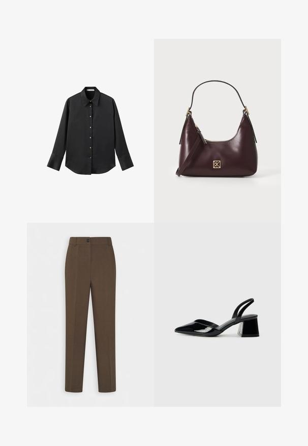 Maglietta nera a maniche lunghe in tessuto morbido, con colletto classico, chiusura frontale con bottoni dorati e polsini ampi.; Pantaloni marroni a gamba dritta con passanti per cintura e chiusura anteriore a un bottone, esposti su uno sfondo bianco.; Décolleté in vernice nera con punta affusolata e tacco in geometria cubica. Presentano un design elegante e minimalista, con una texture liscia.; Borse in pelle borgogna con forma curva, dettagli in oro sull'hardware e chiusura con cerniera. Presenta una tracolla staccabile.