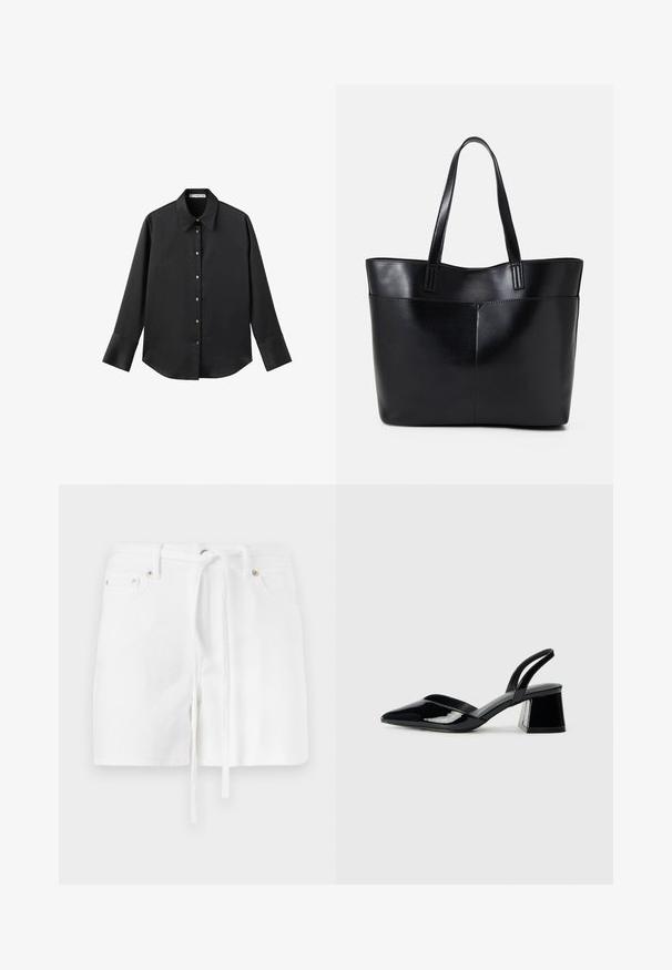 Črna majica z dolgimi rokavi iz gladkega materiala, z klasičnim ovratnikom, sprednjim zapiranjem na gumbe z zlatimi gumbi in širokimi manšetami.; Beli denim kratke hlače z vrvico v pasu, ki imajo dva sprednja žepa in gladko teksturo. Oblika je preprosta in klasična, brez vzorcev.; Črne lakirane slingback pete s koničastim nosom in geometrijsko blokasto peto. Imajo eleganten, minimalističen dizajn in gladko teksturo.; Črna usnjena torba z dvema dolgima ročajema, gladko teksturo in strukturirano obliko. Ima sprednji žep za dodatno shranjevanje.