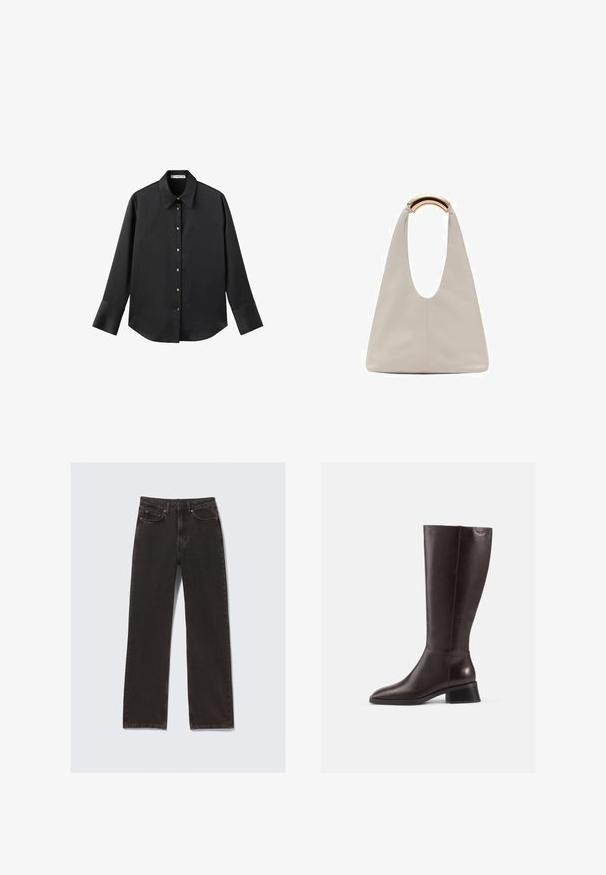 Maglietta nera a maniche lunghe in tessuto morbido, con colletto classico, chiusura frontale con bottoni dorati e polsini ampi.; Jeans in denim nero con taglio dritto, dotati di tasche frontali, passanti per cintura e dettagli di cucitura sottili. Realizzati in cotone resistente.; Stivali in pelle marrone al ginocchio con finitura liscia, punta arrotondata e tacco nero impilato. Design semplice con dettagli hardware minimi.; Borsa in pelle grigio chiaro con design a forma di U e manico metallico curvo. Texture liscia con cuciture minime e senza motivi visibili.