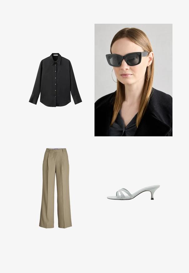 Maglietta nera a maniche lunghe in tessuto morbido, con colletto classico, chiusura frontale con bottoni dorati e polsini ampi.; Pantaloni beige a gamba larga con vita alta, pieghe frontali e una texture di tessuto liscia. Design classico con una finitura sartoriale.; Sandali con tacco di colore grigio chiaro, dotati di tre cinturini incrociati, una silhouette sottile e un tacco affusolato. Texture liscia con una finitura leggermente lucida.; Occhiali da sole a forma di occhio di gatto neri con lenti scure, montatura spessa e dettagli sottili. Indossati con un cappotto nero e una maglia grigia, con capelli lunghi e lisci.