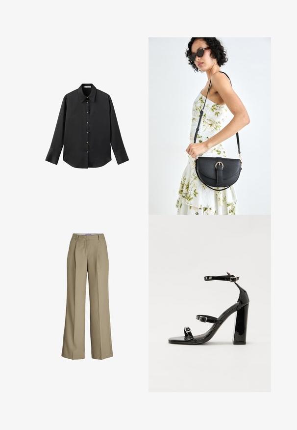 Schwarz langärmliges Hemd aus glattem Stoff, mit klassischem Kragen, frontaler Knopfleiste mit goldfarbenen Knöpfen und breiten Manschetten.; Beige weit geschnittene Hose mit hoher Taille, Bundfalten und einer glatten Stoffstruktur. Klassisches Design mit maßgeschneiderter Verarbeitung.; Schwarze Lackleder-Sandalen mit hohen Absätzen, zwei Riemen mit Schnallen, quadratischer Zehenpartie und klobigem Blockabsatz, mit einer glatten, glänzenden Textur.; Schwarze Lederhandtasche mit geschwungener Form, abnehmbarem Tragegurt und goldenen Beschlägen. Die Tasche verfügt über einen Deckel mit einer Schnallen-Details.