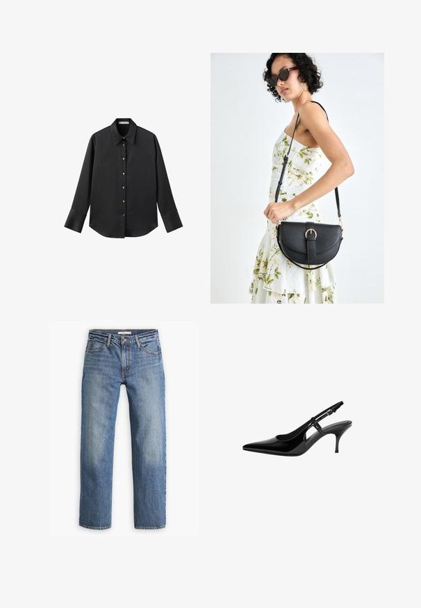 Crna košulja dugih rukava od glatkog materijala, s klasičnim ovratnikom, prednjim kopčanjem na dugmad u boji zlatne i širokim manžetnama.; Svijetloplave traperice, ravne nogavice, srednji struk, pet džepova, tonirana šavova i gumbasti zatvarač.; Crne lakirane kožne sandale sa otvorenom petom, špicastim prstom, otvorima sa strane, tankom potpeticom i podesivom trakom oko članaka.; Crna kožna torba s lukovitim oblikom, odvojivim remenom i zlatnim detaljima. Torba ima preklop s kopčom.