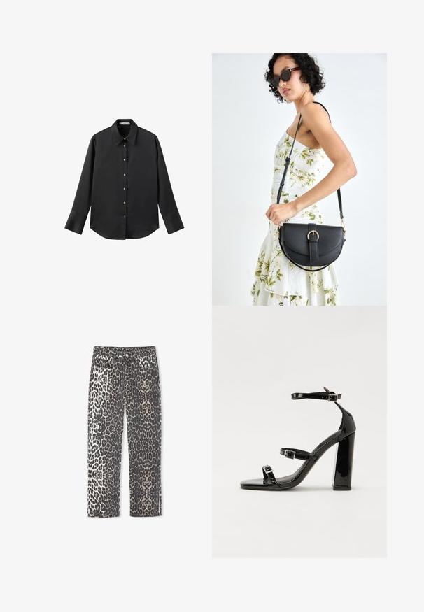 Černá dlouhá rukávová košile z hladkého materiálu, s klasickým límečkem, předním zapínáním na knoflíky ve zlatém tónu a širokými manžetami.; Ipekyol LEOPARD - Džíny Straight Fit - stone; Černé lakované sandály na podpatku se čtveratou špičkou, lýtkovými pásky a stříbrnými přezkami. Disponují masivním blokovým podpatkem pro stabilitu.; Černá kožená kabelka s křivkovým tvarem, odnímatelným popruhem a zlatými detaily. Kabelka má klopu s přezkou.
