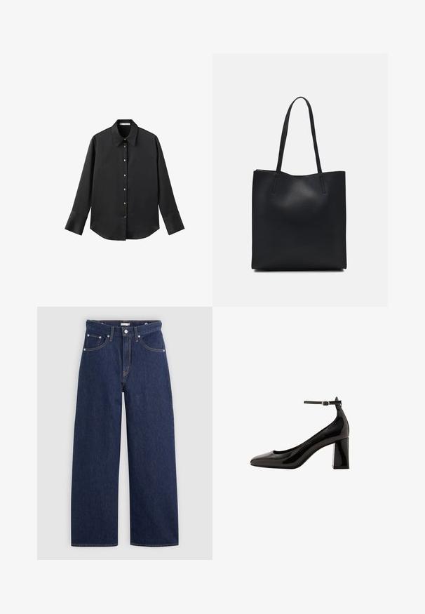 Maglietta nera a maniche lunghe in tessuto morbido, con colletto classico, chiusura frontale con bottoni dorati e polsini ampi.; Jeans a gamba larga in denim blu scuro con vita alta, dotati di cinque tasche, passanti per la cintura e dettagli in cucitura color rame. Texture liscia.; Décolleté neri in vernice con cinturino alla caviglia, finitura lucida, punta affusolata e tacco a blocco spesso. Texture liscia, dettagli minimi.; Borsa tote in pelle nera con texture liscia, forma rettangolare e due manici lunghi. Nessun hardware o decorazione visibile.