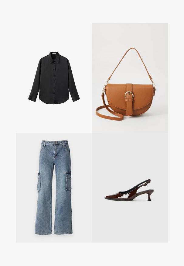 Črna majica z dolgimi rokavi iz gladkega materiala, z klasičnim ovratnikom, sprednjim zapiranjem na gumbe z zlatimi gumbi in širokimi manšetami.; Široke modre jeans hlače s cargos obliko, ki vsebujejo stranske žepke, gumbasto zapiranje in zanke za pas. Tkanina ima svetlo pranje z rahlim zbledelostjo.; Rjavi lakirani slingback čevelj z ostro konico in zmerno peto. Ima zaponko za varno prileganje. Gladka tekstura.; Rjava usnjena torbica prek telesa s ukrivljeno obliko, zlate opreme in sponko. Ima odstranljiv naramni trak.