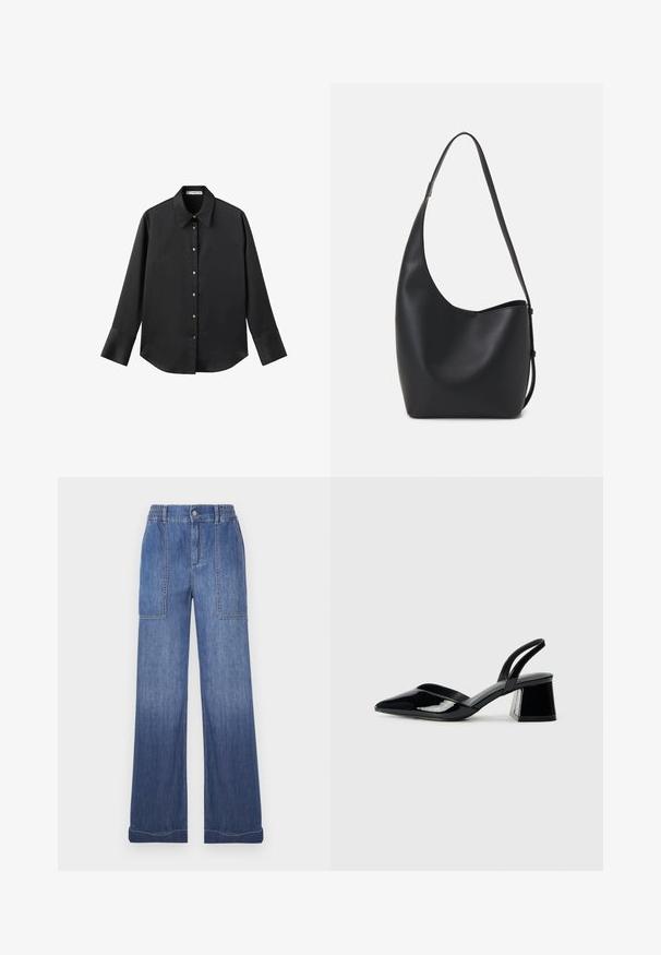 Black long-sleeve shirt in smooth fabric, featuring a classic collar, front button closure with gold-tone buttons, and wide cuffs.; Blue denim wide-leg pants with an elastic waistband, two front pockets, and contrasting stitching. Fabric has a smooth, slightly textured finish.; Black patent leather slingback heels with a pointed toe and a geometric block heel. Features a sleek, minimal design and smooth texture.; Black leather hobo bag with a smooth texture, curved shape, and single adjustable strap; features a wide opening at the top.