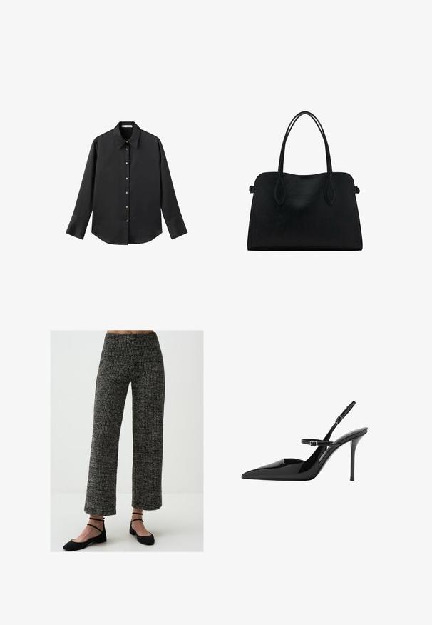 Maglietta nera a maniche lunghe in tessuto morbido, con colletto classico, chiusura frontale con bottoni dorati e polsini ampi.; Pantaloni a gamba larga, in maglia, con un motivo in bianco e nero. Presentano una vita alta e una texture a costine. Abbinati a scarpe flat nere.; Slingback in vernice nera con tacco a stiletto, punta affusolata e cinturino regolabile. Superficie liscia con finitura lucida.; Borsa a mano in pelle nera con doppio manico, forma rettangolare e design minimalista su sfondo bianco.