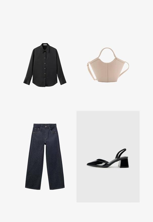 Black long-sleeve shirt in smooth fabric, featuring a classic collar, front button closure with gold-tone buttons, and wide cuffs.; Dark blue wide-leg jeans made from denim fabric. Features a zip fly, a button closure, and contrasting stitching along the seams.; Black patent leather slingback heels with a pointed toe and a geometric block heel. Features a sleek, minimal design and smooth texture.; Beige leather handbag with a unique shape, featuring two short handles and a long adjustable strap. Smooth texture with minimal hardware.