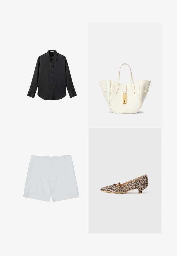 Černá dlouhá rukávová košile z hladkého materiálu, s klasickým límečkem, předním zapínáním na knoflíky ve zlatém tónu a širokými manžetami.; Bílé šortky s přizpůsobeným střihem, plochým předním dílem, dvěma bočními kapsami a čistým lemem. Vyrobené z hladkého materiálu bez viditelných vzorů.; Koženka s potiskem leopardí srsti na podpatku kitten heel, s špičatou špičkou, malým páskem a dekorativní sponou. Vyrobeno z texturovaného materiálu s béžovou podešví.; Bílá kožená taška přes rameno se strukturovaným tvarem, výrazným prošitím, zlatým kovovým štítkem a dvojitými uchy. Texturovaný povrch s bočními kapsami.