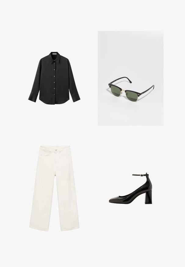 Black long-sleeve shirt in smooth fabric, featuring a classic collar, front button closure with gold-tone buttons, and wide cuffs.; Wide-leg white denim trousers featuring a five-pocket design, metal button closure, and clean stitching detailing.; Black patent leather ankle strap pump with a glossy finish, pointed toe, and a thick block heel. Smooth texture, minimal detailing.; Black and gold sunglasses with green lenses, featuring a cat-eye shape, metallic accents, and a textured frame.