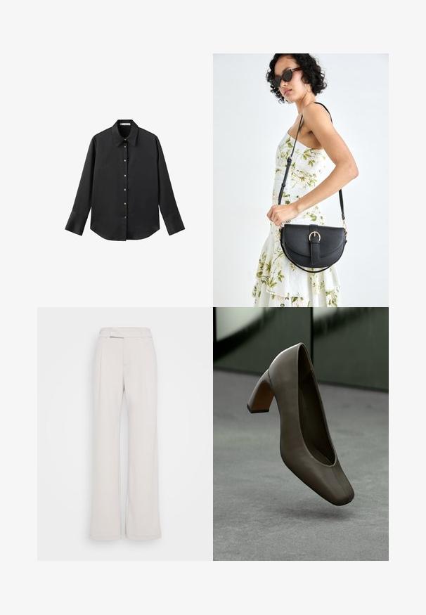 Čierna dlhá rukávová košeľa z hladkého materiálu, s klasickým golierom, predným zapínaním na gombíky so zlatými gombíkmi a širokými manžetami.; Široké nohavice v svetlo béžovej látke s priliehavým pásom, prednými záhybmi a hladkou textúrou. Neformálny dizajn, bez viditeľných vzorov alebo kovových doplnkov.; Tmavoolivovo zelená kožená vysoká topánka na opätku so štvorcovou špičkou a blokovým opätkom, plávajúca nad sivým betónovým podlahou s rozmazaným zeleným pozadím.; Čierna kožená kabelka s zaobleným tvarom, odnímateľným popruhom a zlatými doplnkami. Kabelka má klopu s detailom s prackou.