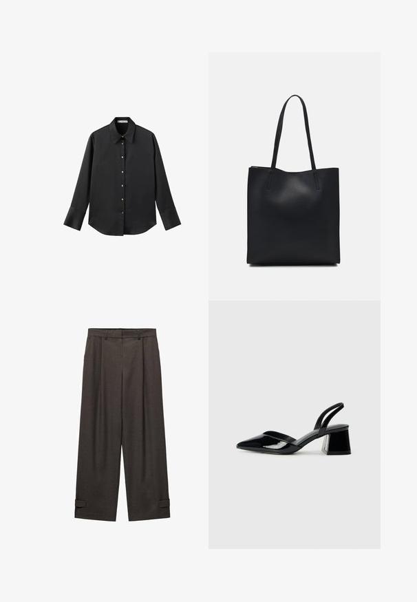 Zwarte lange mouwen shirt van gladde stof, met een klassieke kraag, een sluiting met knopen aan de voorkant met gouden knopen en brede manchetten.; Donkerbruine wijde broek met plooien aan de voorkant, riemlussen in de taille en omgeslagen boorden, gemaakt van een soepel materiaal.; Zwarte gepatineerde leren slingback hakken met een spitse neus en een geometrische blokhak. Kenmerkt zich door een slank, minimalistisch ontwerp en een gladde textuur.; Zwarte leren handtas met een gladde textuur, rechthoekige vorm en twee lange handvaten. Geen zichtbare hardware of versieringen.