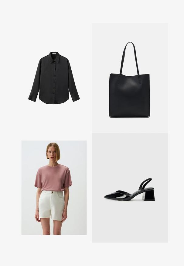 Schwarz langärmliges Hemd aus glattem Stoff, mit klassischem Kragen, frontaler Knopfleiste mit goldfarbenen Knöpfen und breiten Manschetten.; Jimmy Key HIGH WAIST - Jeans Shorts - ecru; Schwarze Lackleder-Slingback-High Heels mit spitzem Schuh und einem geometrischen Blockabsatz. Verfügt über ein schlankes, minimalistisches Design und eine glatte Textur.; Schwarze Laptoptasche aus Leder mit glatter Textur, rechteckiger Form und zwei langen Griffen. Keine sichtbaren Beschläge oder Verzierungen.