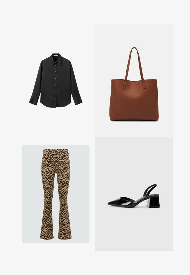 Chemise noire à manches longues en tissu lisse, dotée d'un col classique, d'une fermeture à boutons sur le devant avec des boutons dorés, et de larges poignets.; Pantalons évasés en imprimé léopard marron et beige. Fabriqués en tissu extensible avec une texture douce. Dotés d'une taille haute pour plus de confort.; Escarpins en cuir verni noir avec bout pointu et talon bloc géométrique. Présente un design élégant et minimaliste ainsi qu'une texture lisse.; Sac fourre-tout en cuir marron avec une texture lisse, design à ouverture supérieure et deux poignées pour le porter à l'épaule. Présente des coutures minimales et aucun matériel visible.
