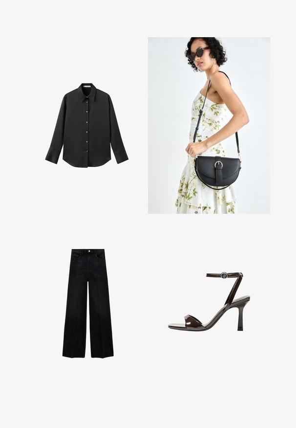 Črna majica z dolgimi rokavi iz gladkega materiala, z klasičnim ovratnikom, sprednjim zapiranjem na gumbe z zlatimi gumbi in širokimi manšetami.; Široke črne jeans hlače z visokim pasom, ki vključujejo gumbasto zapiralo, sprednje žepke in čisto obrobo.; Rjave visokosprti sandali iz pateniranega usnja z zaponko okoli gležnja, odprto konico in eleganten, minimalističen dizajn. Imajo kvadratno peto.; Črna usnjena torbica s ukrivljeno obliko, z odstranljivo naramnico in zlatimi dodatki. Torbica ima pokrov s podrobnostmi v obliki zaponke.